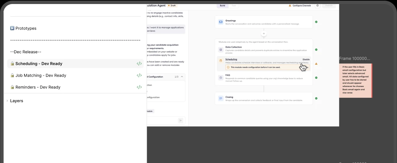 Figma file with dev-ready prototype pages and screen-level annotations next to the design