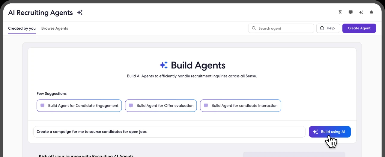 V1 Build Agents screen with a prompt to create a sourcing campaign