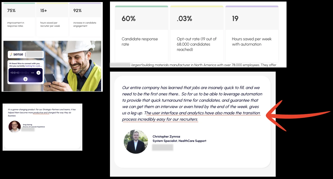 Customer stories: 75% better response rates, 15+ hours saved per recruiter per week, 92% more engagement; 60% candidate response rate and 19 hours saved per week; a customer quote on fast turnaround