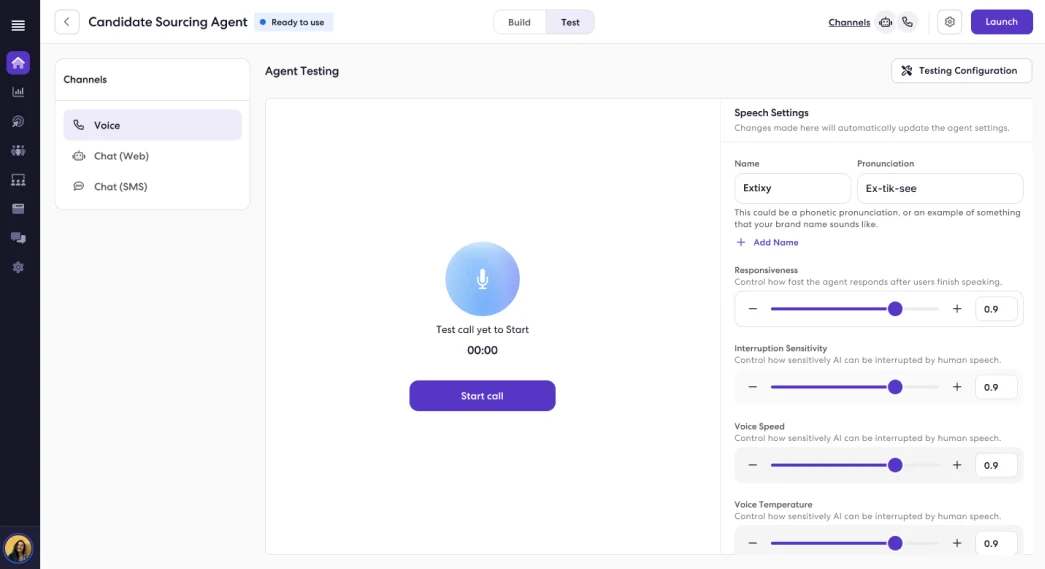 V3: the Test simulator with voice, web chat and SMS channels and speech settings