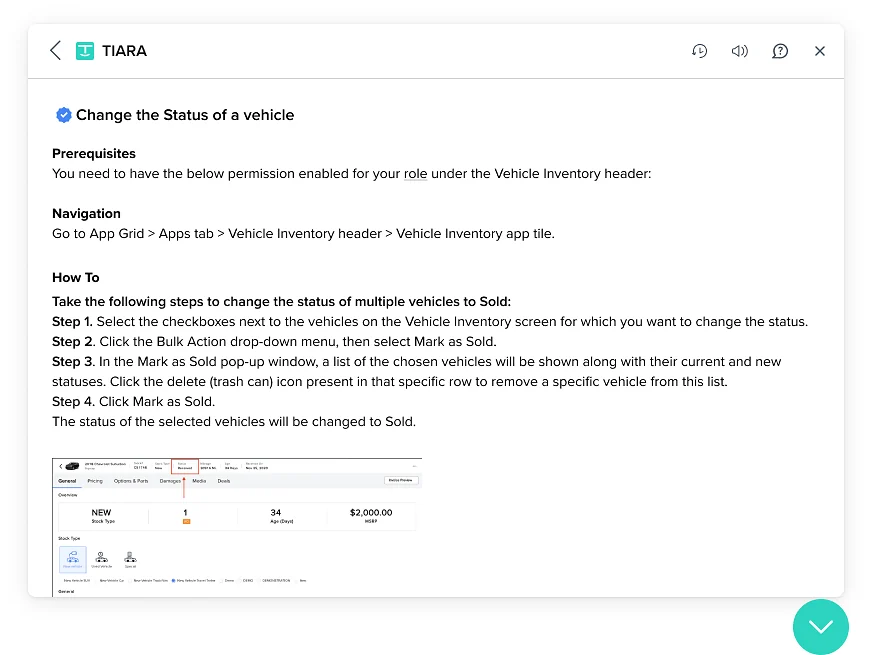 Full-screen article inside the bot: prerequisites, navigation and step-by-step instructions with a screenshot