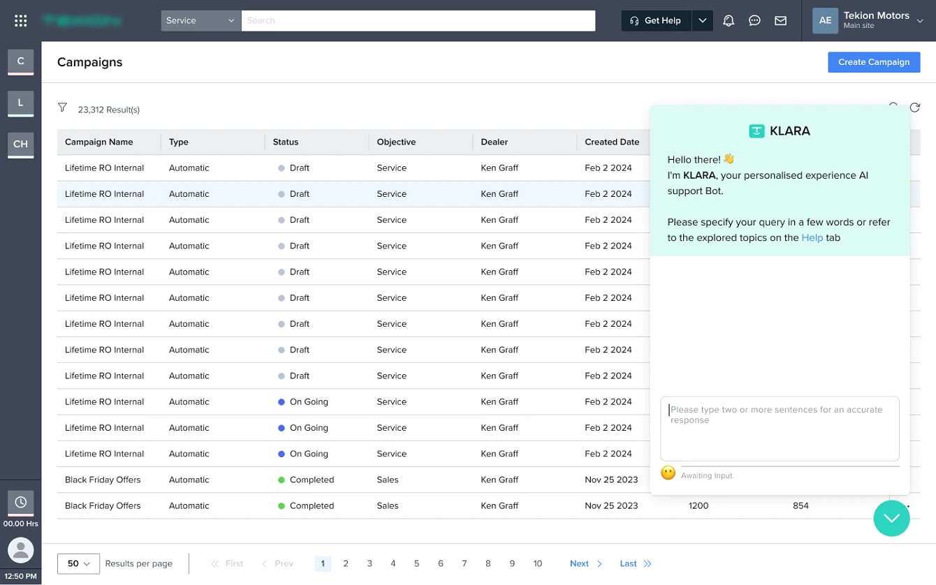 The bot opened from a floating button over the Campaigns screen, greeting the user and asking for their query
