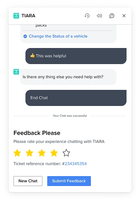 After a helpful answer the chat ends with a star rating and a ticket reference number