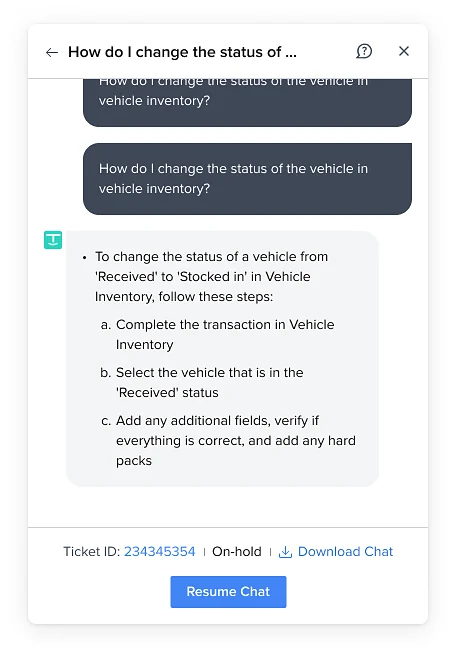 A past chat reopened with its ticket ID, status, download and Resume Chat