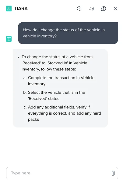 The bot answers with three steps to change a vehicle’s status