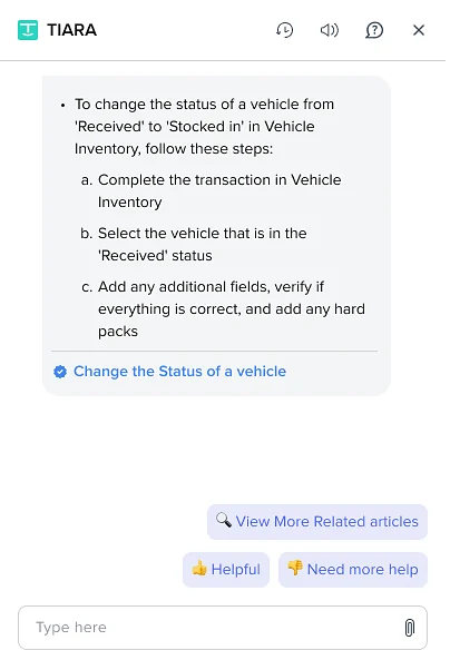 The answer links its source article, with Helpful, Need more help and related-article actions
