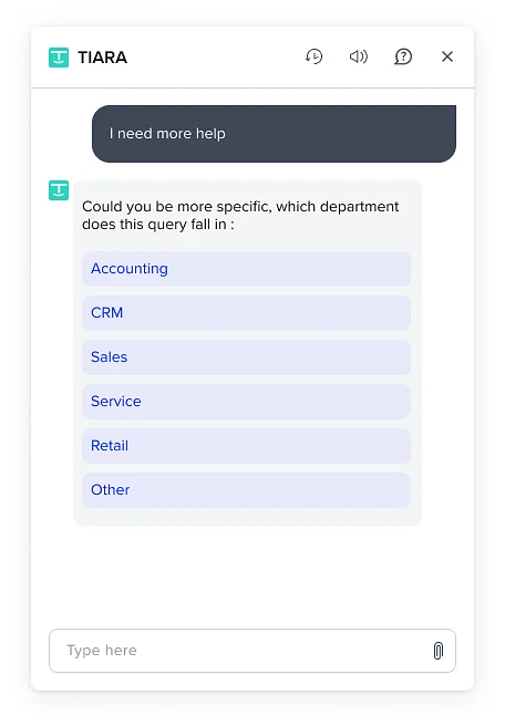 The bot asks which department the query falls under: Accounting, CRM, Sales, Service, Retail or Other