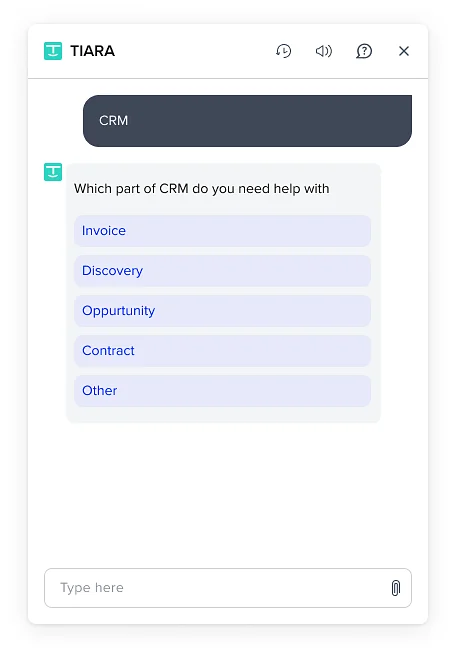 After CRM is chosen, the bot asks which part: Invoice, Discovery, Opportunity, Contract or Other