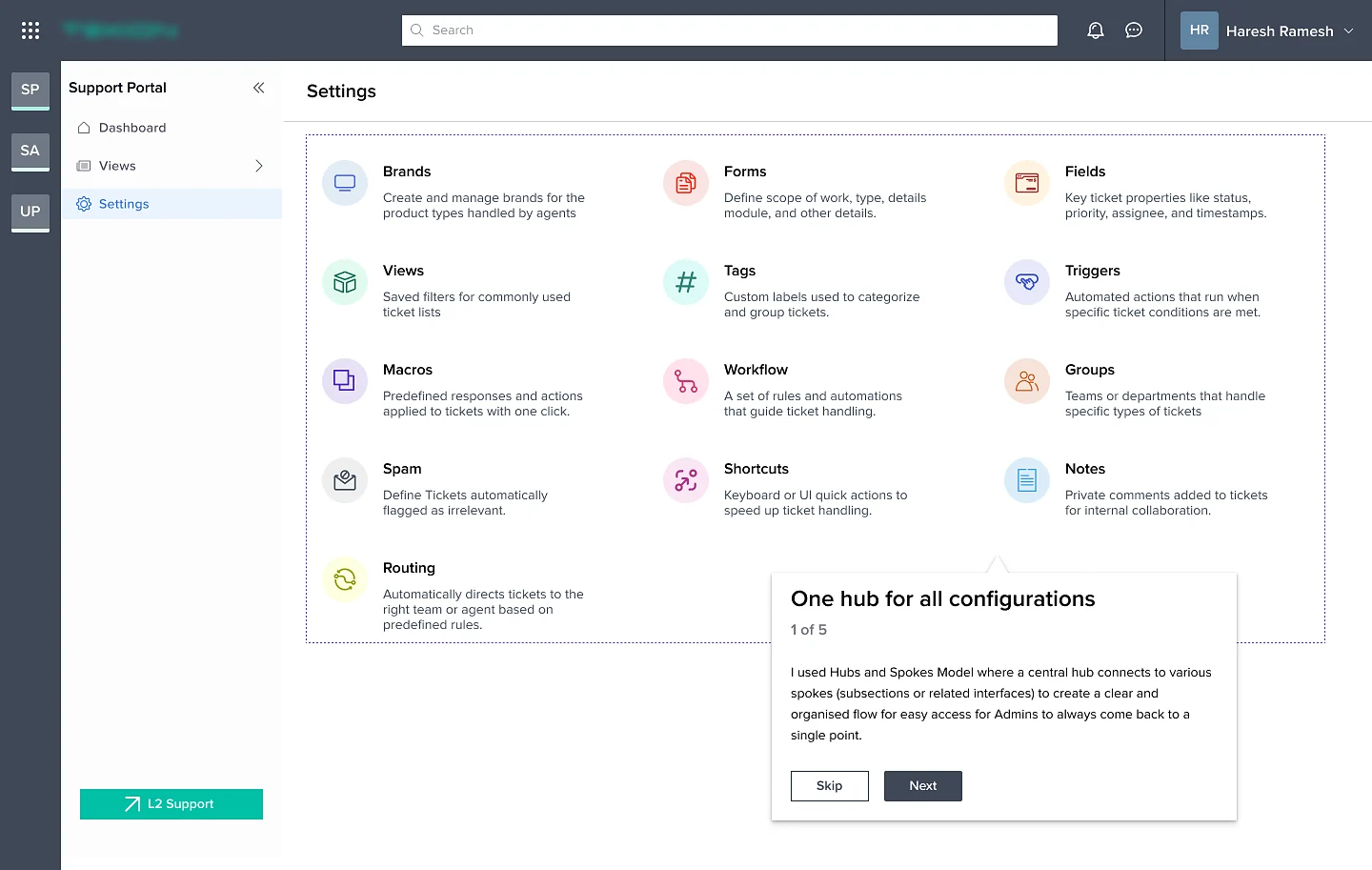 Settings hub with brands, forms, fields, views, tags, triggers, macros, workflow, groups, spam, shortcuts, notes and routing