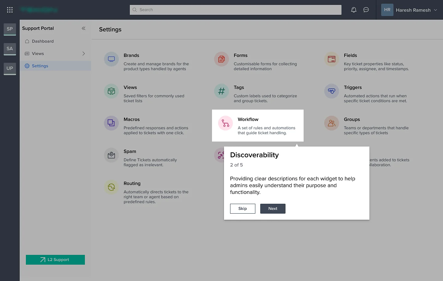 Settings hub with the Workflow card highlighted and its description