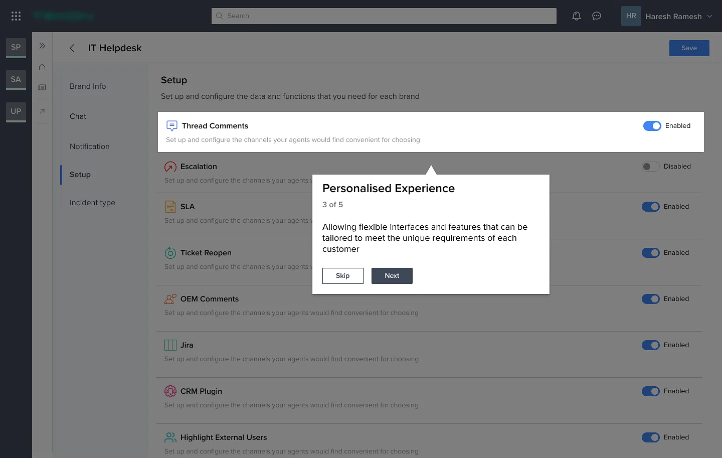 Brand setup with toggles for thread comments, escalation, SLA, ticket reopen, OEM comments, Jira, CRM plugin and external users