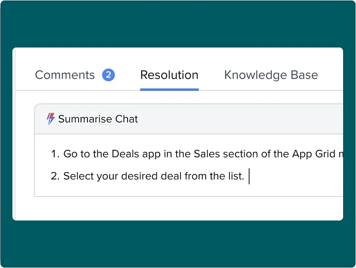 Resolution tab with a Summarise Chat action drafting resolution steps