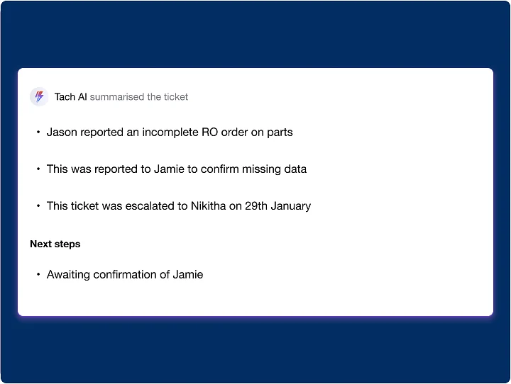 Tach AI ticket summary with key actions and next steps