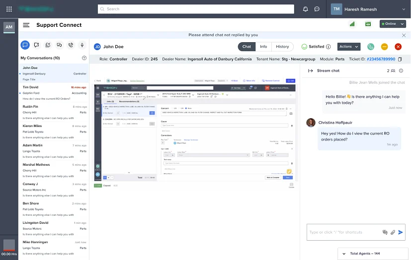 The old Support Connect chat: a separate module with conversation list, embedded screen and chat stream