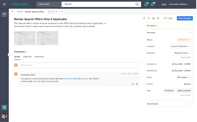 The old ticket detail page: description, comments and a long overview panel