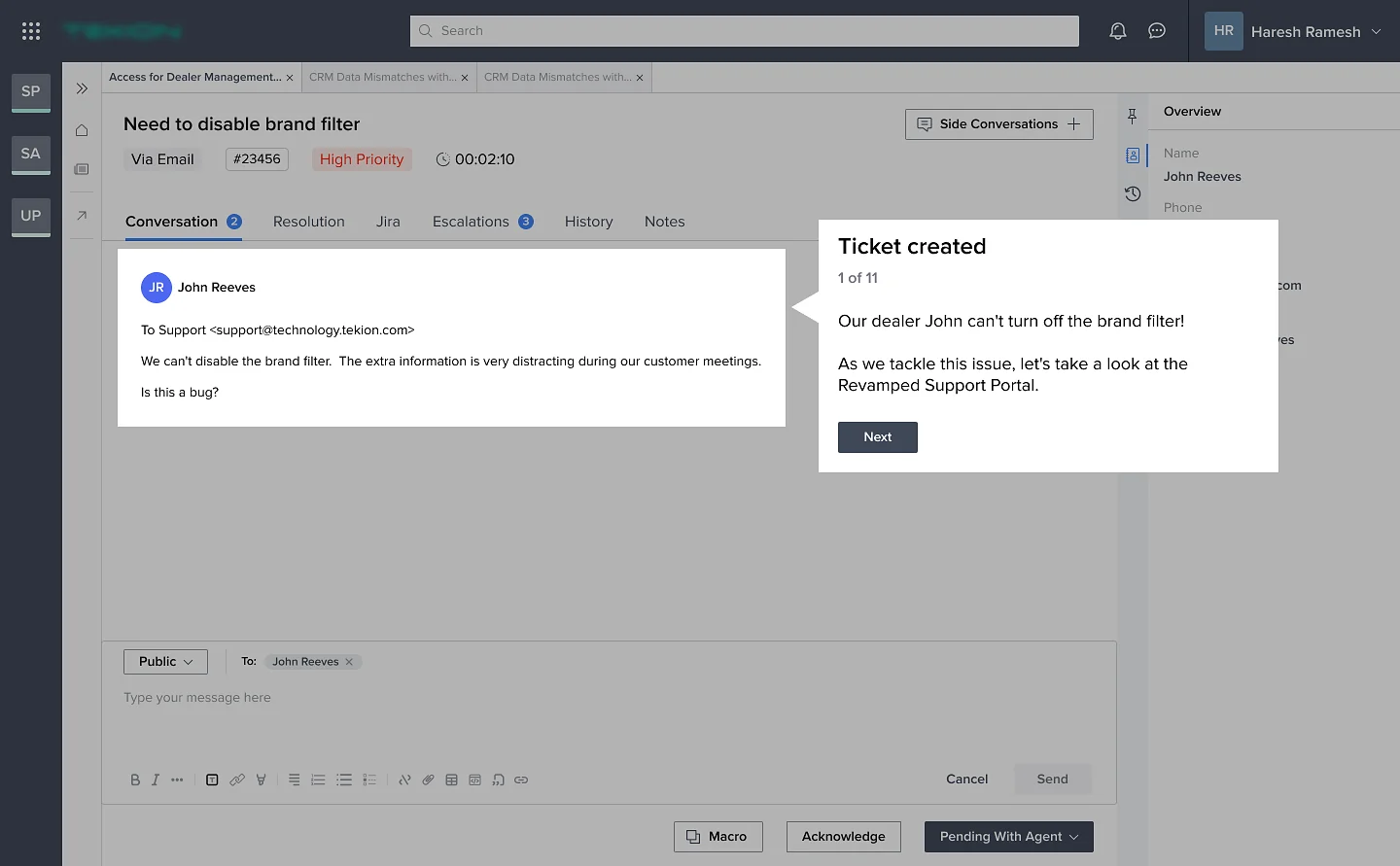 Revamped ticket view: ‘Need to disable brand filter’, high priority, with conversation, resolution, Jira, escalations, history and notes tabs, and the requester overview on the right