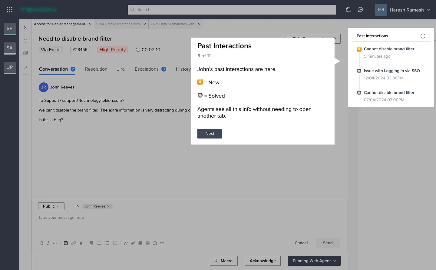 Past interactions panel listing John’s new and solved tickets