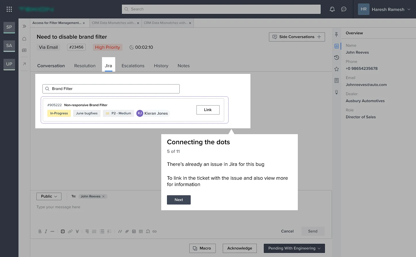Jira tab with a search for ‘Brand Filter’ returning an in-progress issue and a Link button