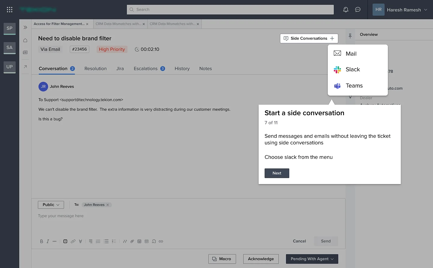 Side conversations menu offering Mail, Slack and Teams