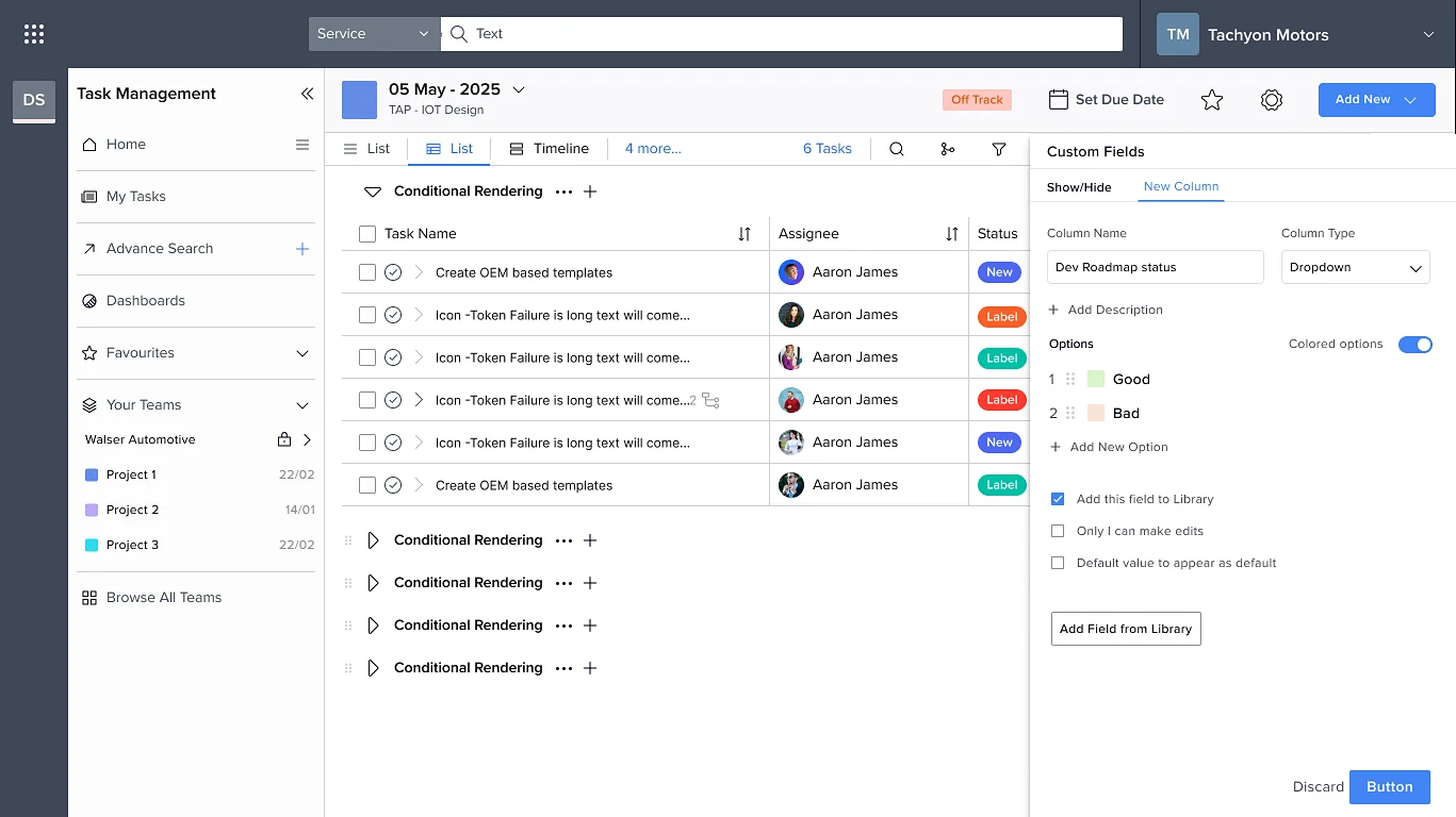 Custom fields panel adding a dropdown column with coloured options