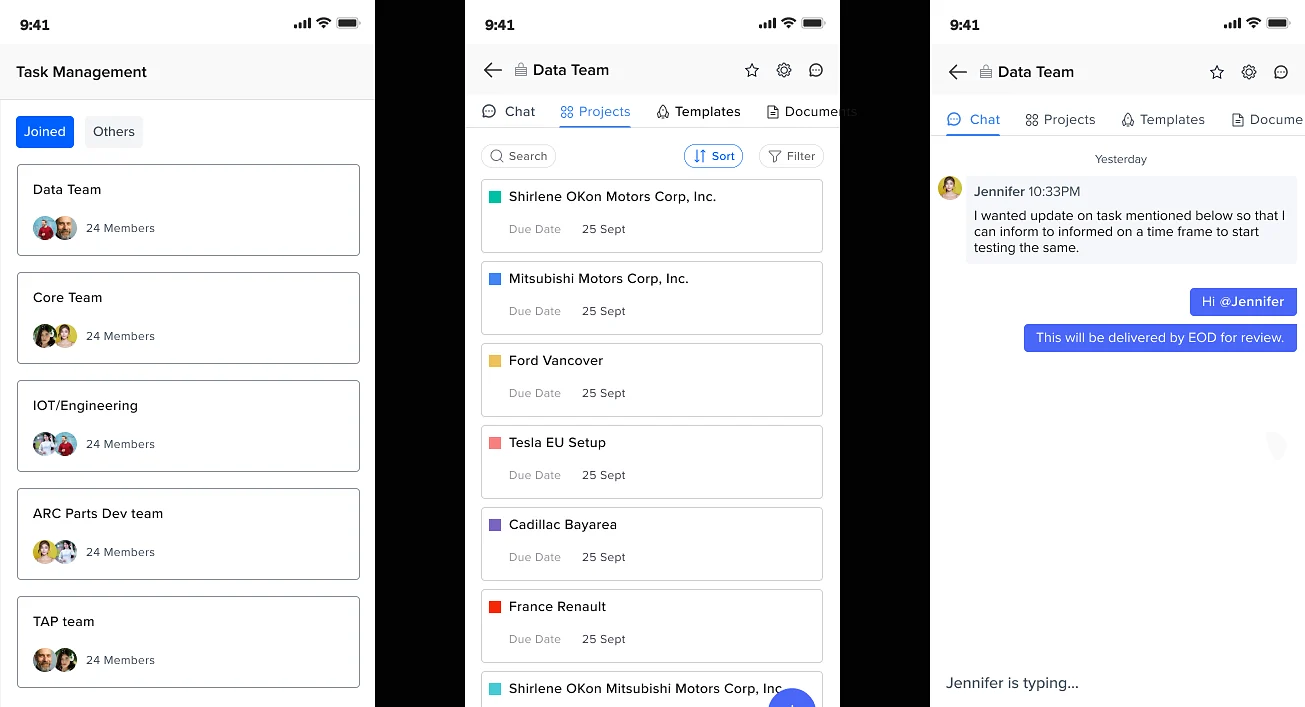 Three mobile screens: teams list, a team’s projects, and team chat