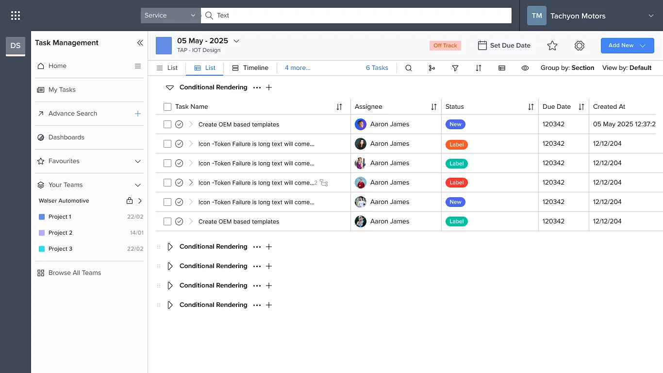 Project board list view grouped into sections with assignee, status and due date