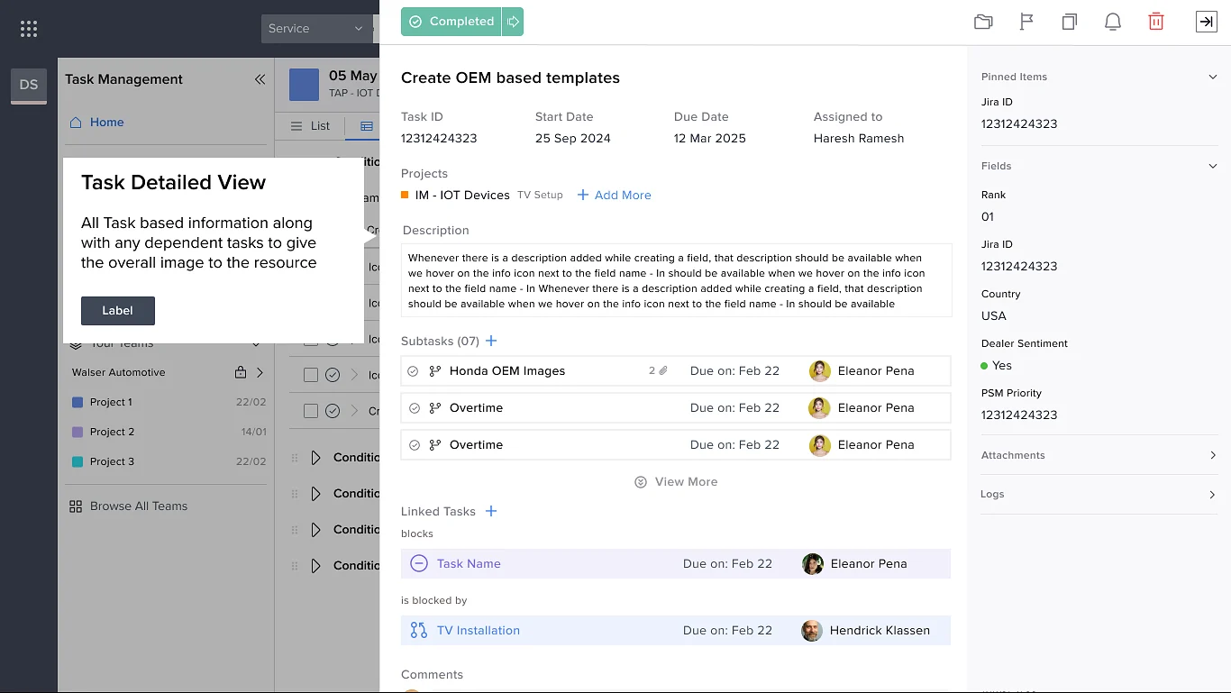 Task detail panel with dates, project, description, subtasks, linked tasks that block or are blocked, and pinned fields