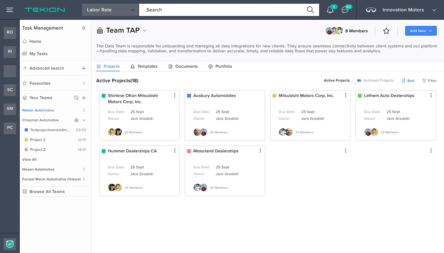Team page with description, member count and active project cards