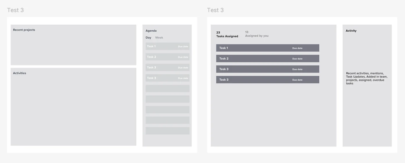Two home page wireframes from the third test round: recent projects, activities and an agenda; and assigned tasks with an activity feed